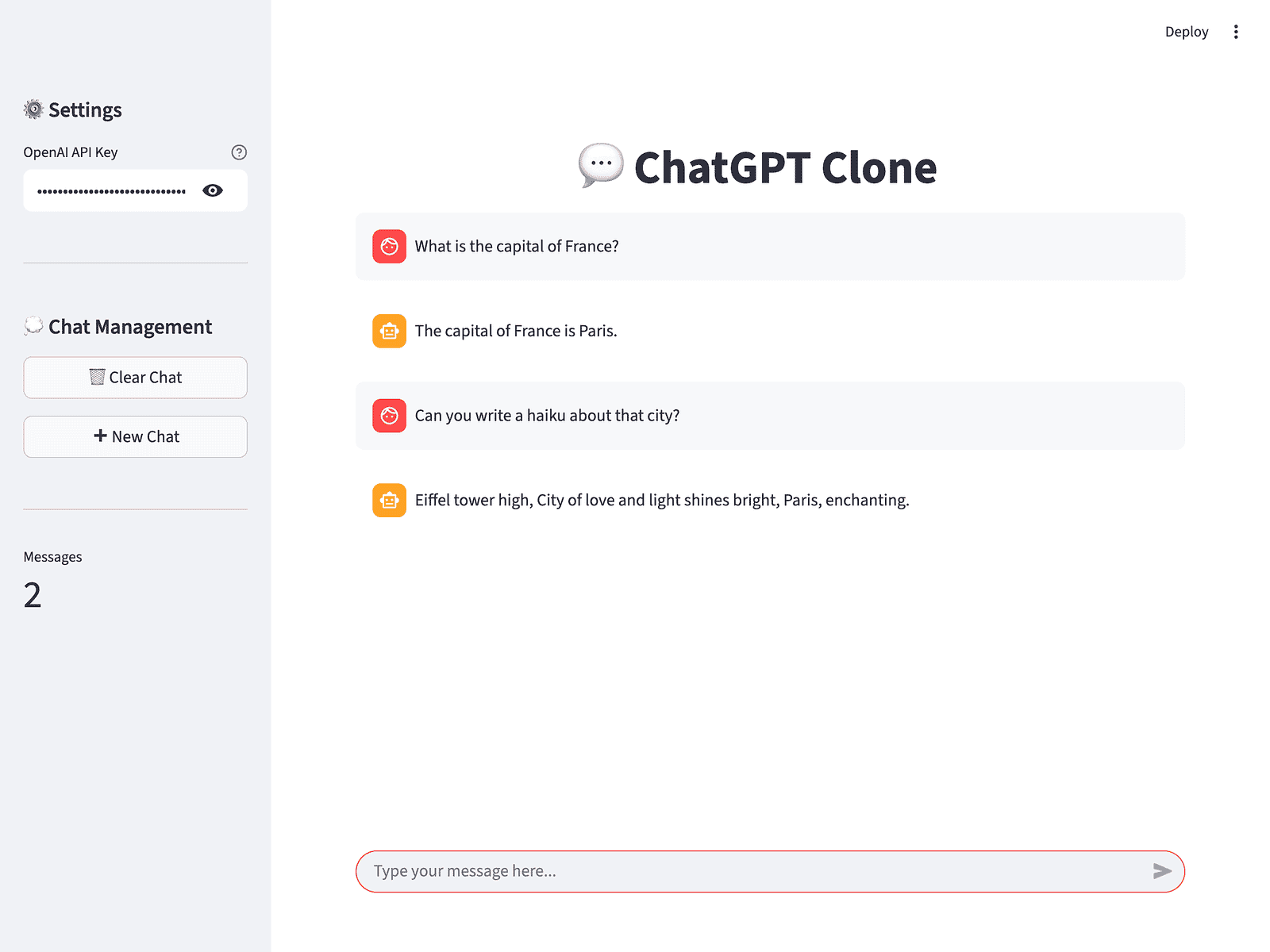 Multi-turn conversation displaying user request to 'write a haiku about it' with AI generating haiku about Paris, demonstrating context awareness from previous message, counter showing 4 messages