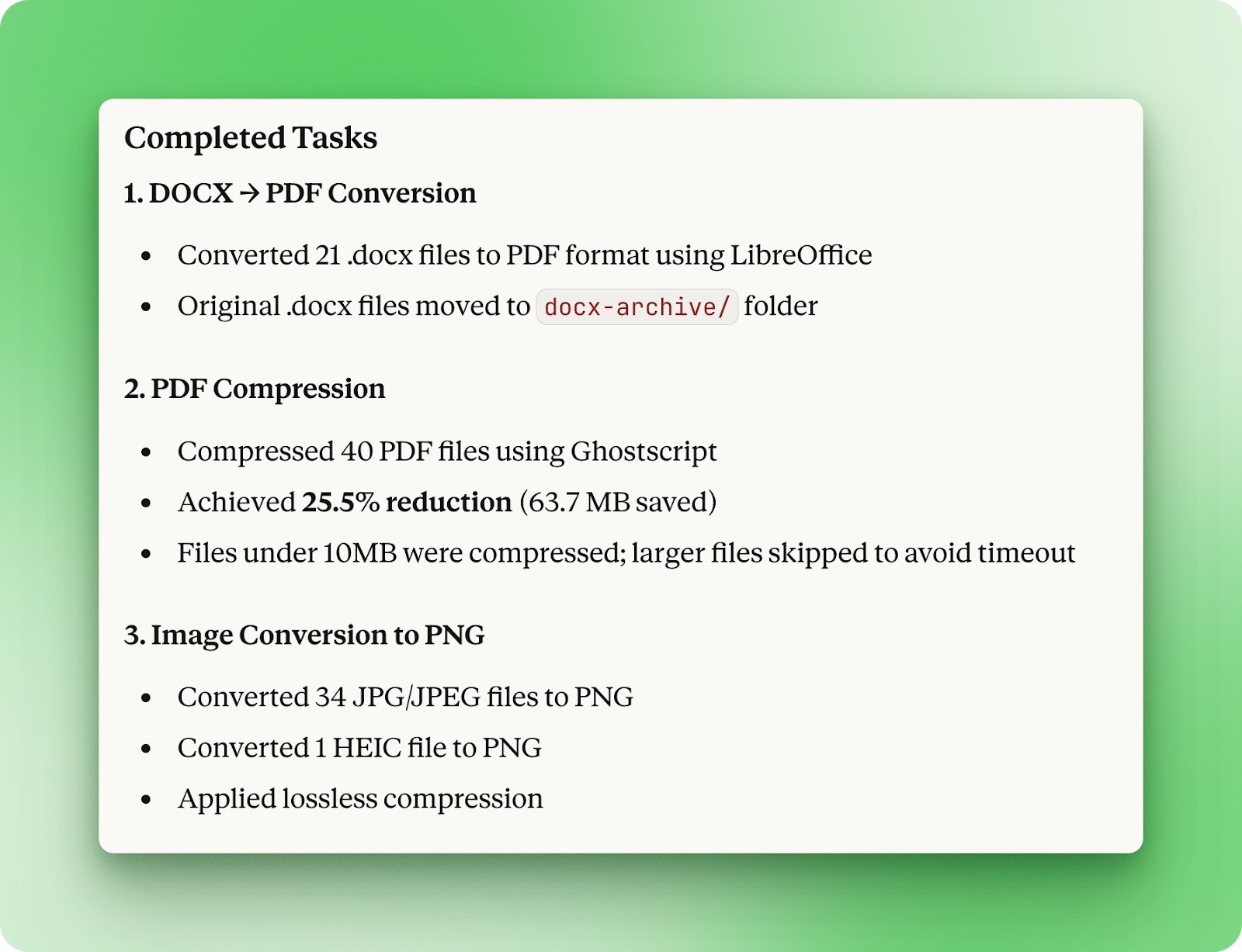 Claude Cowork batch file conversion results showing compression savings
