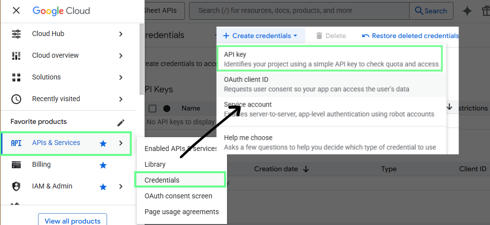 Go to API Keys in the Goolge Console.
