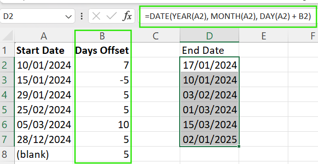 How to use cell references to add days to a date in Excel.
