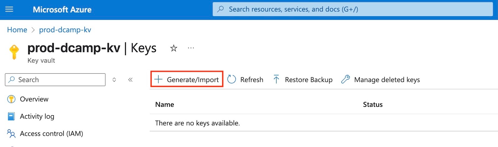 Screenshot of the Keys page in Azure Key Vault. The “+ Generate/Import” button is visible at the top, ready to start creating a new key.