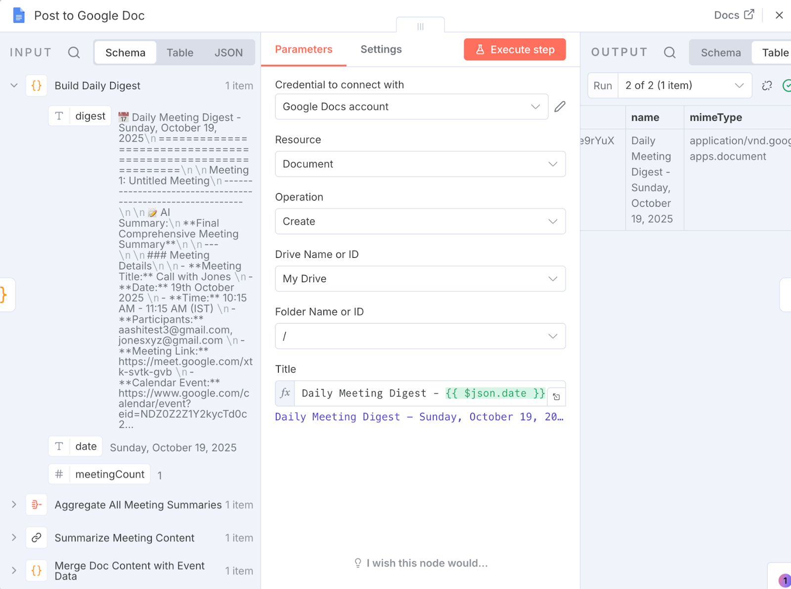 n8n AI Workflow Builder post to Google Doc