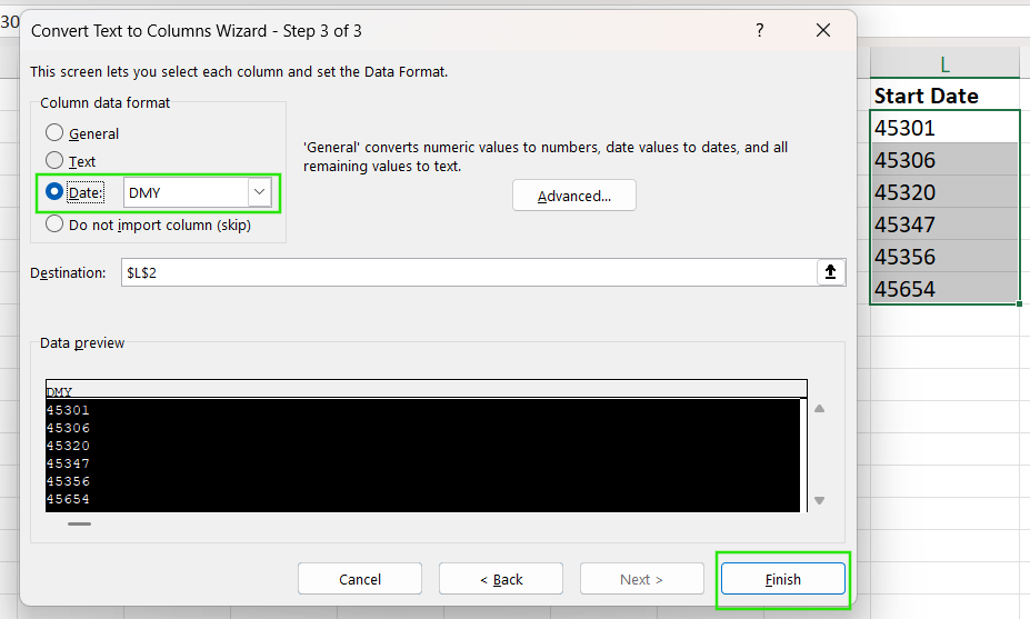 Date format in Excel Text to Columns option.