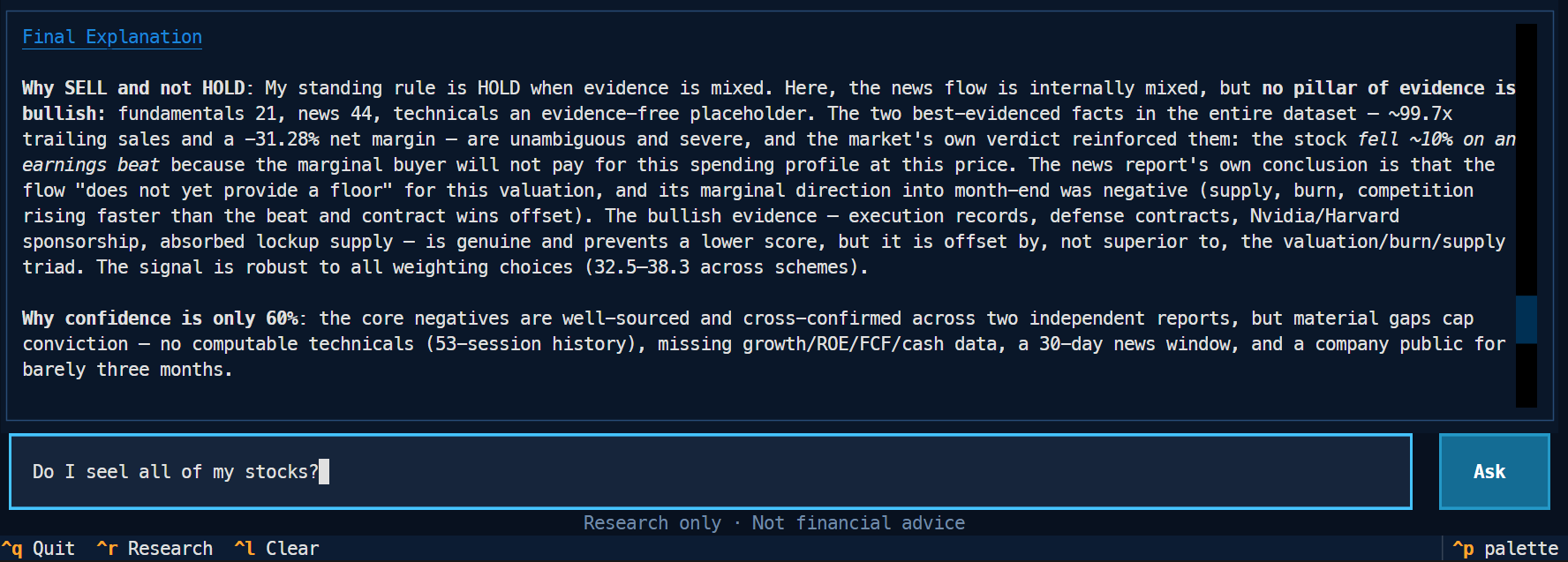 Ask follow-up question
in Multi-Agent Stock Analyst TUI app