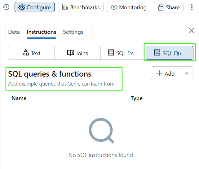 How to add sample queries in Genie Space.