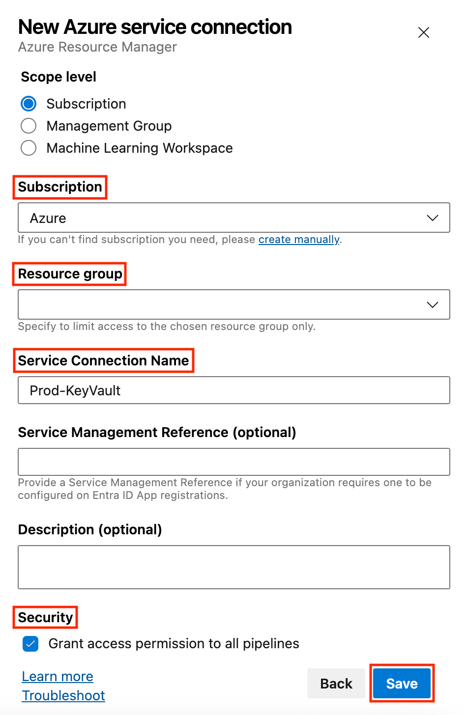 Screenshot of the Azure Resource Manager service connection setup in Azure DevOps. Fields include subscription, optional resource group, and service connection name. The option to grant access to all pipelines is checked. The “Save” button is visible at the bottom.