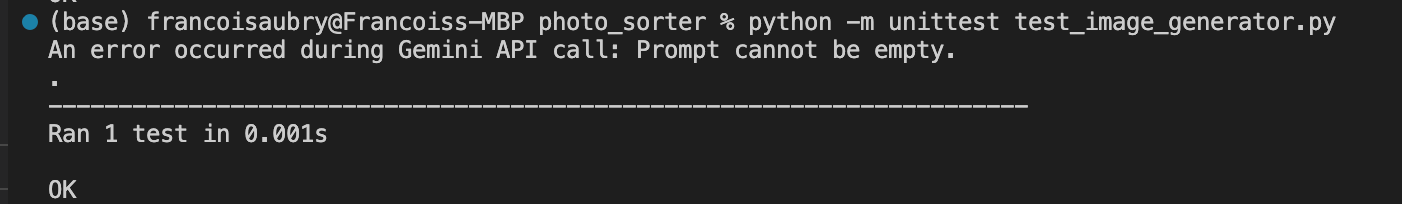 Captura de tela mostrando a saída de um terminal com uma execução do Python unittest. Ela exibe uma mensagem de erro: “Ocorreu um erro durante a chamada da API Gemini: O prompt não pode estar vazio.” O teste executou um teste em 0,001 segundos, resultando em um status “OK”, apesar do erro no prompt.