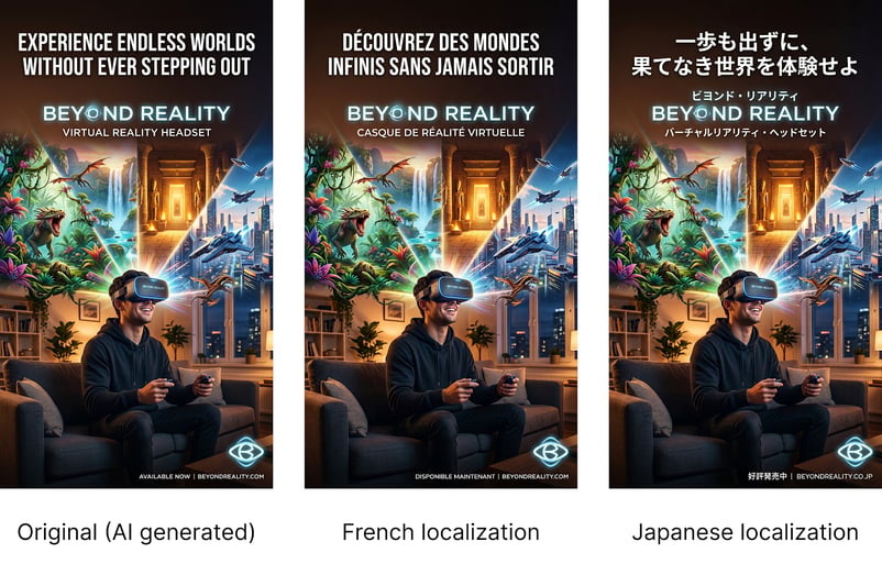 Nano Banana 2’nin hassas metin oluşturma ve yerelleştirme yeteneğini gösteren yan yana posterler: “Beyond Reality” VR başlığı reklamı İngilizce, Fransızca ve Japonca; kanepede VR oynayan bir adam, canlı fantezi ve bilim kurgu dünyaları arasında.