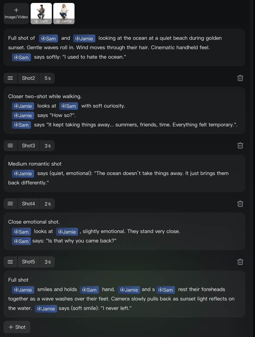 Kling AI 3.0 multi-shot editor screenshot: five-shot beach sunset scene with elements Sam and Jamie, dialogue and camera notes, subject binding, and shot durations 5s, 5s, 3s, 2s, 3s.