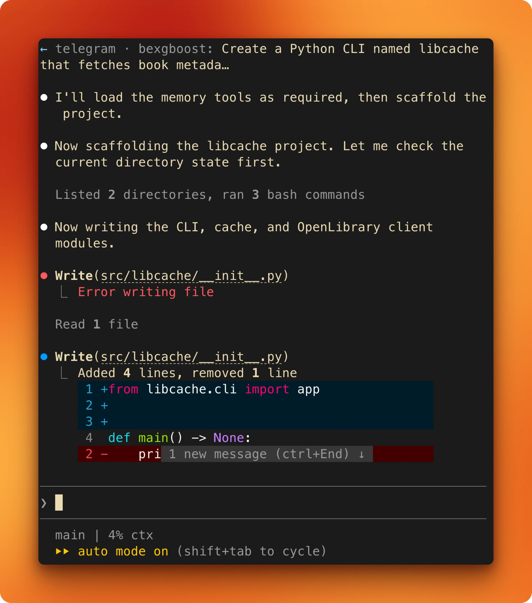 Terminal mid-turn with Telegram message banner and Claude scaffolding files underneath