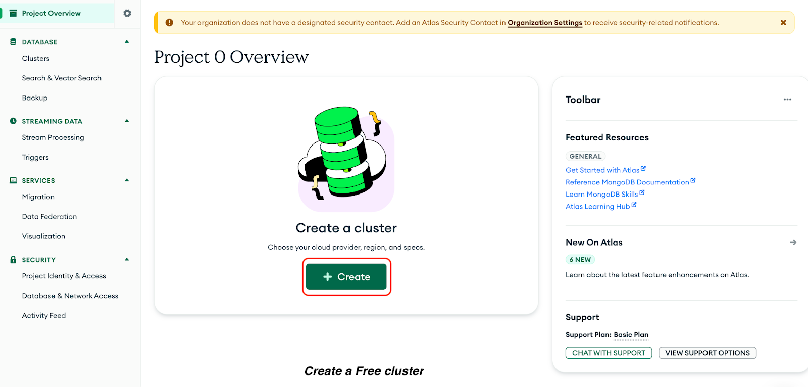 Image highlighting the Create button for a Free cluster