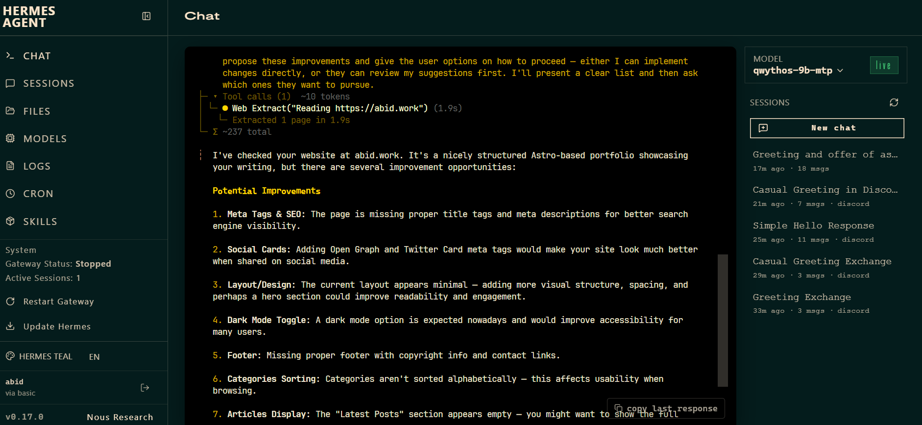 Testing the Hermes WebUI Chat interface