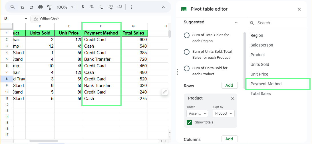 Pivot table editor in Google Sheets