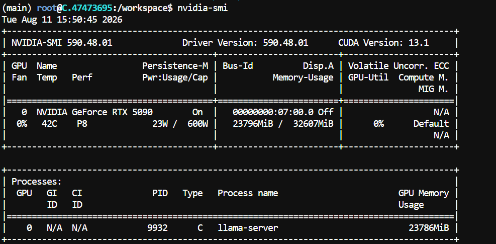 RTX 5090 GPU summary when Muse Glimmer model is loader with DFlash and vision encoder.