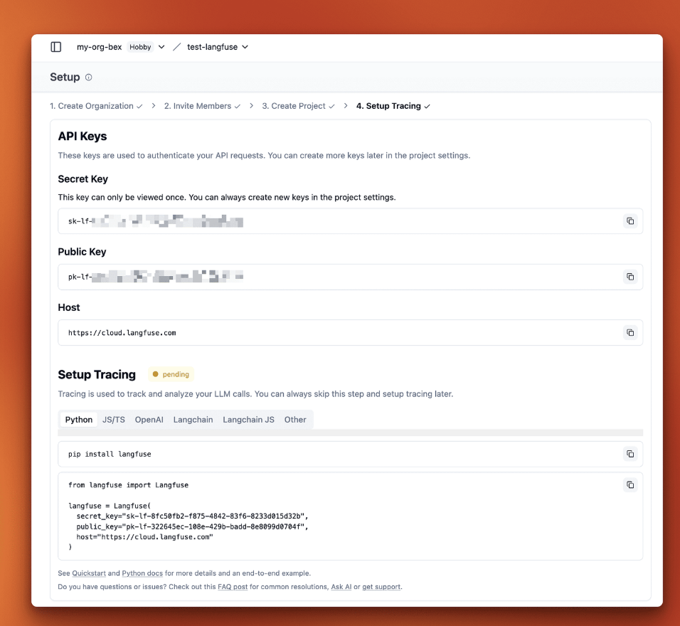 Tableau de bord LangFuse affichant les clés API d’un nouveau projet avec les champs Public Key et Secret Key