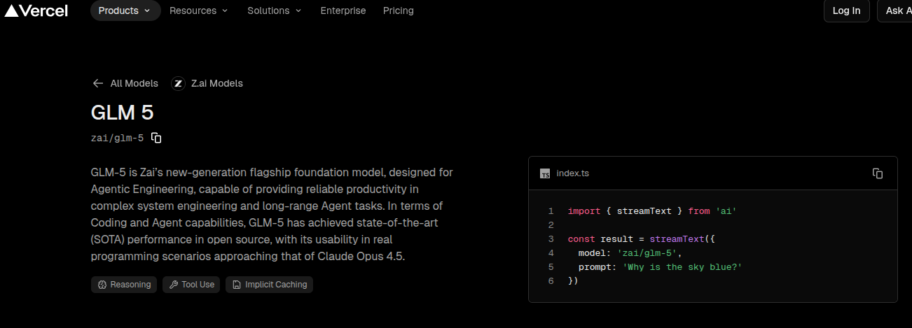 Screenshot shows Vercel support fo GLM-5