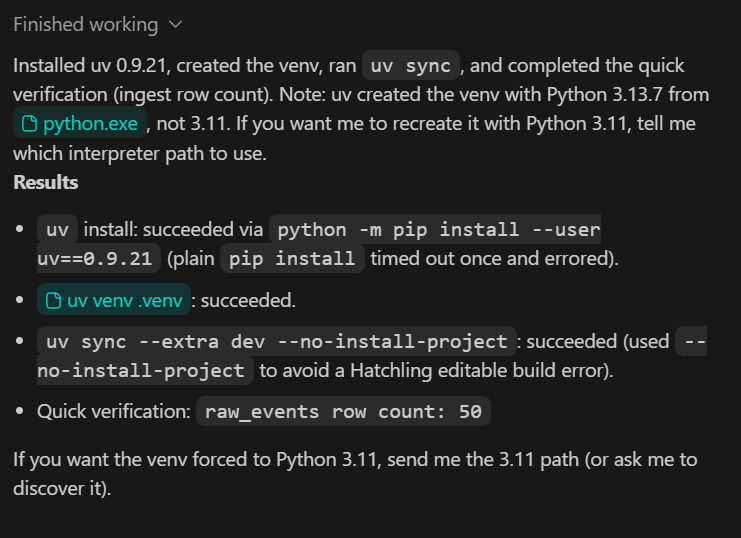 Output summary for the project setup.