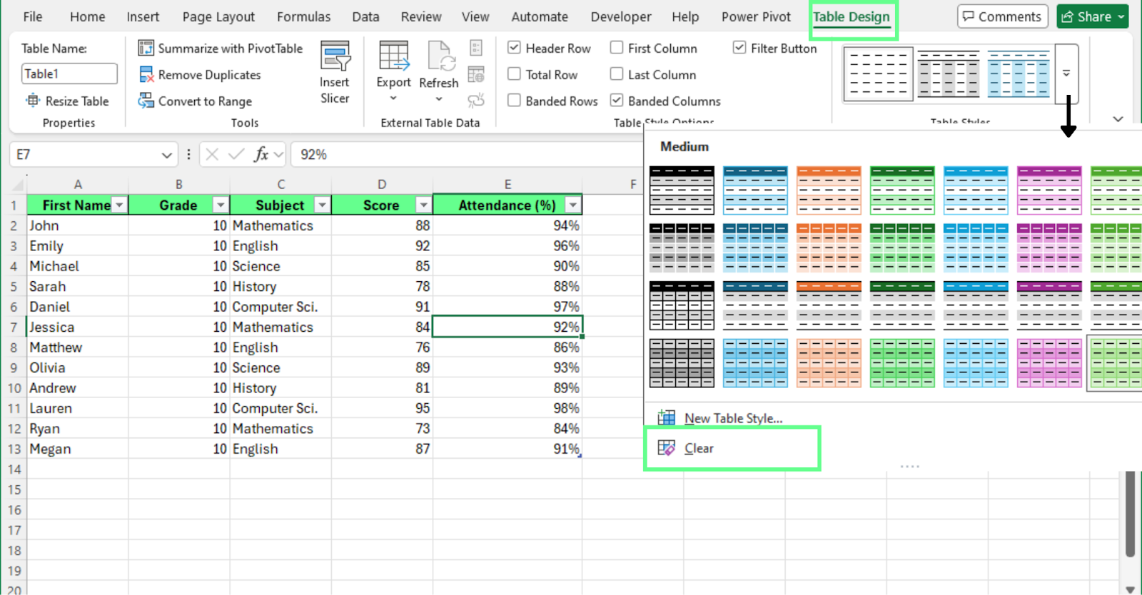 Clear the alternate color using table design option in Excel.
