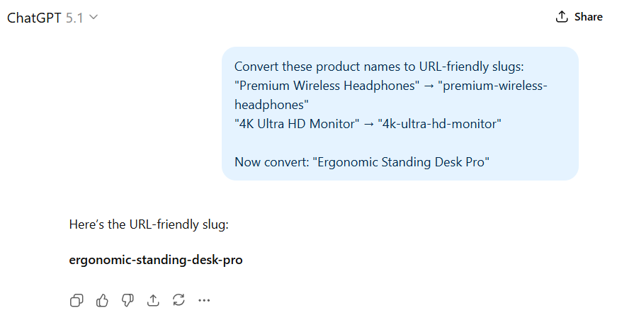 Exemple de prompting chatGPT en quelques essais illustrant comment la fourniture d'exemples de format permet d'obtenir des conversions de slugs d'URL cohérentes.