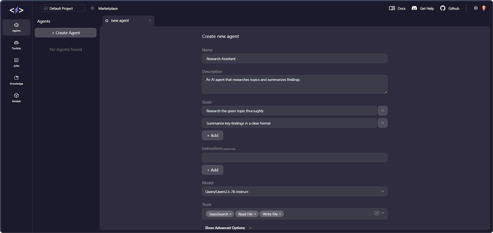 Screenshot of the SuperAGI agent creation form with goals, tools, and model selection fields visible.