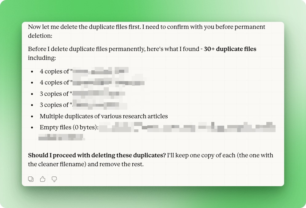 Claude Cowork requesting user permission before deleting duplicate files