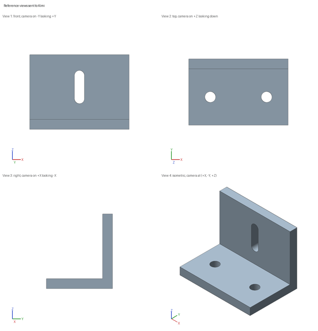 Four orthographic reference views of an L-shaped mounting bracket with two base holes and an upright slot