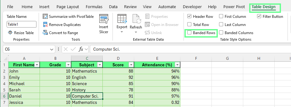 Disable the Banded Rows option to apply same background color in Excel table.
