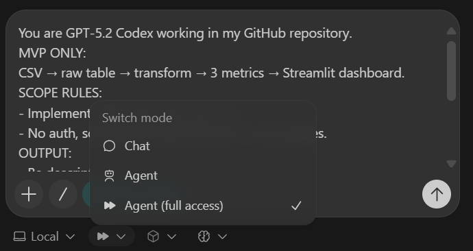 Entering the initial prompt, and selection the Agent full Access model.