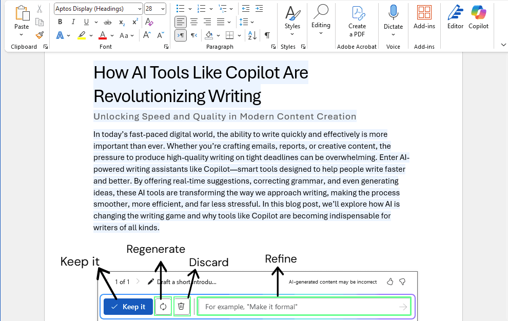 Adjust the Copilot generated draft in Word