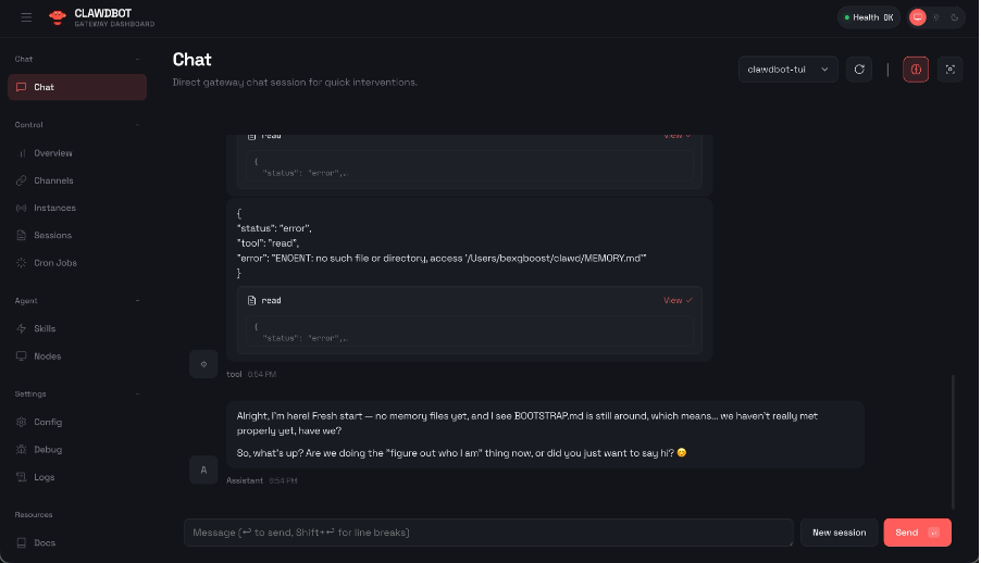Title: Moltbot web dashboard showing agent status and configuration options - Description: Moltbot web dashboard showing agent status and configuration options