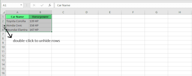 Haz doble clic para mostrar las filas ocultas en Excel.