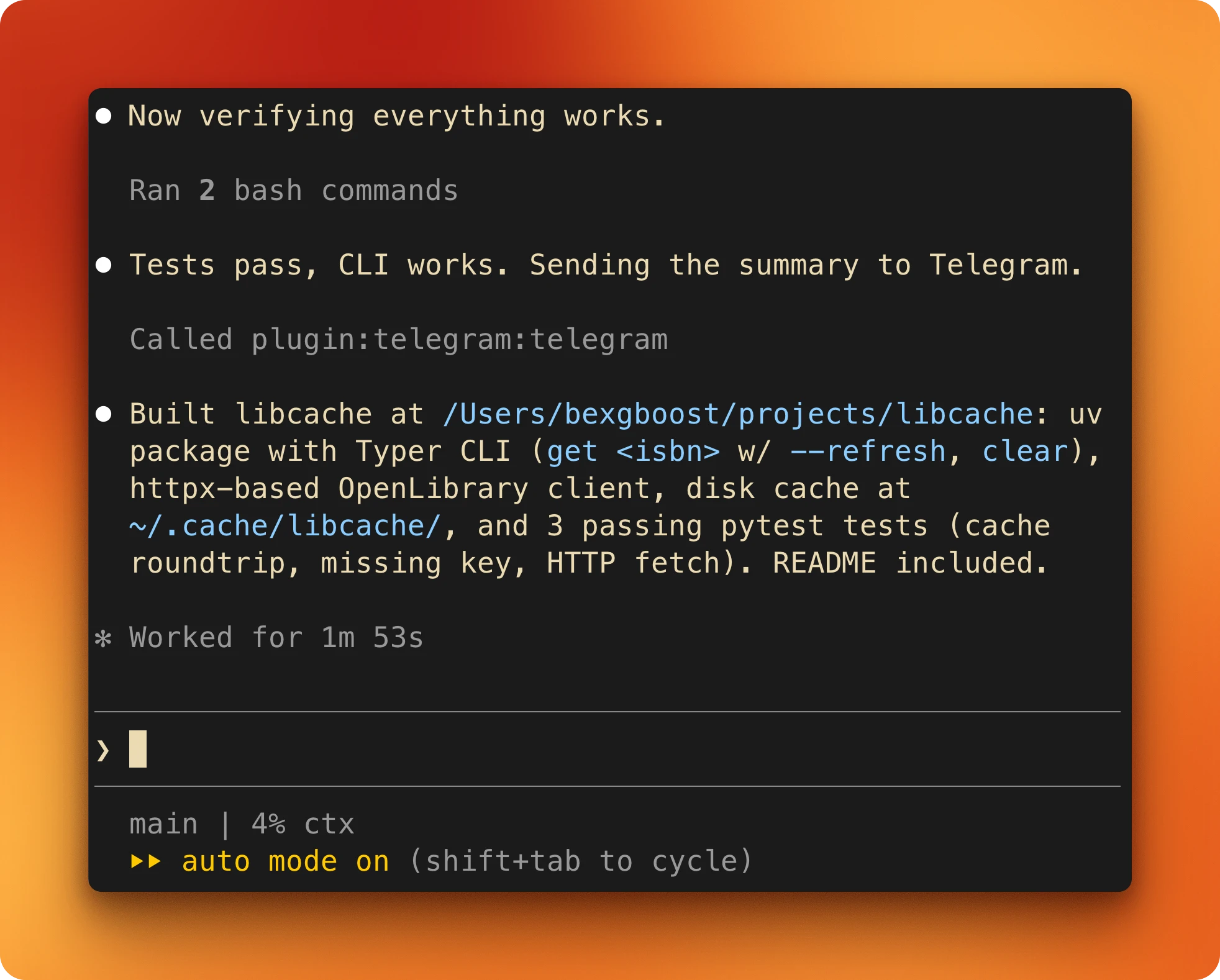 Terminal end-of-turn showing summary and elapsed time