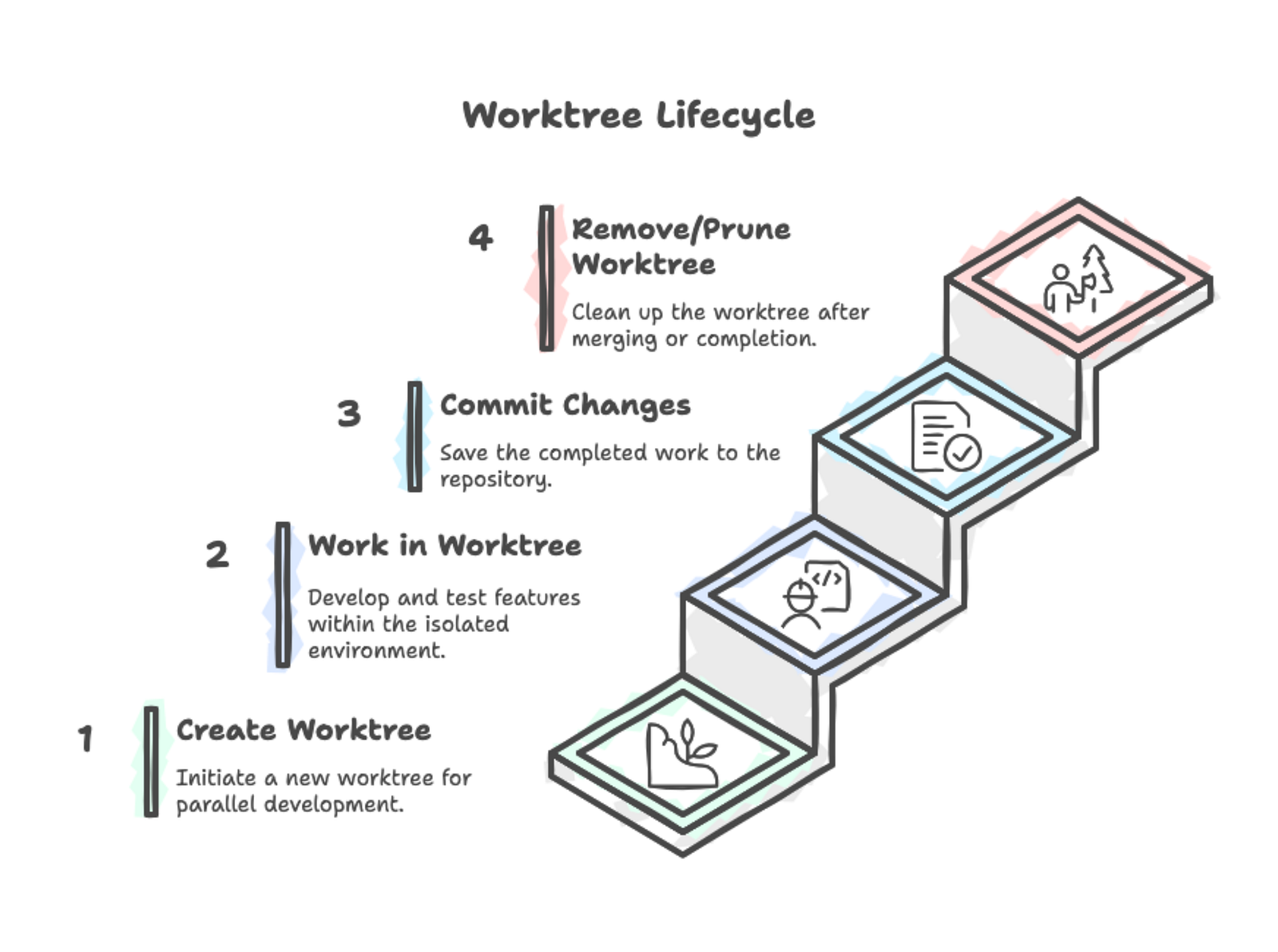 Flowchart showing worktree lifecycle - Create → Work → Commit → Remove/Prune, with decision points: "Done working?", "Clean state?", "Manual deletion?"