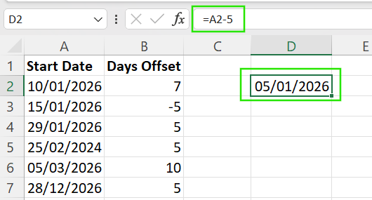How to subtract days to a date in Excel using simple arithmetic.