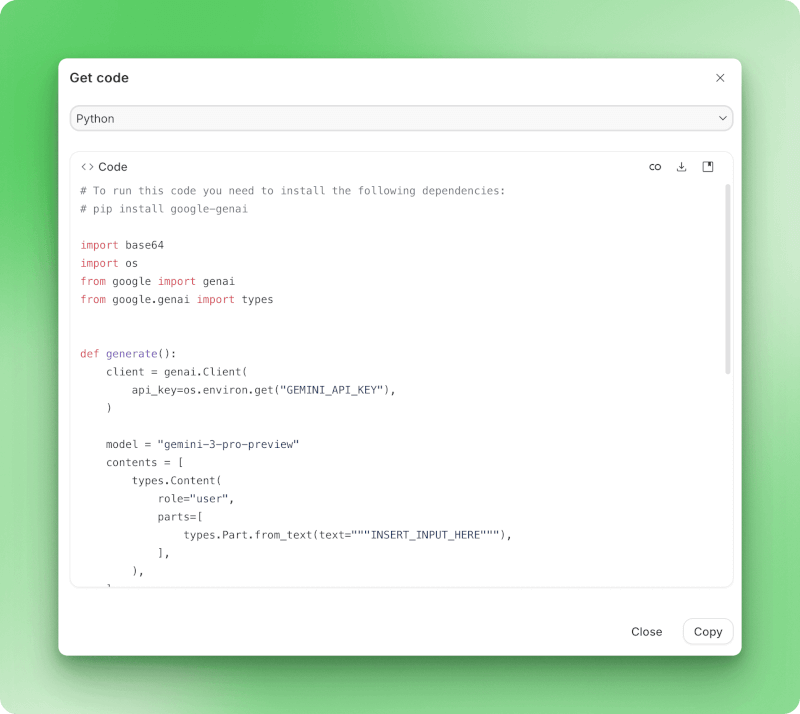 Get code dialog in Google AI Studio