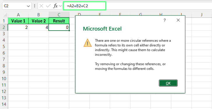 Direct circular reference in Excel.