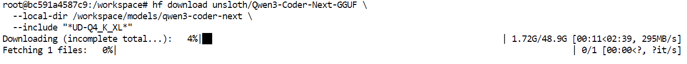 downloading the unsloth/Qwen3-Coder-Next-GGUF 4bit quantized GGUF model