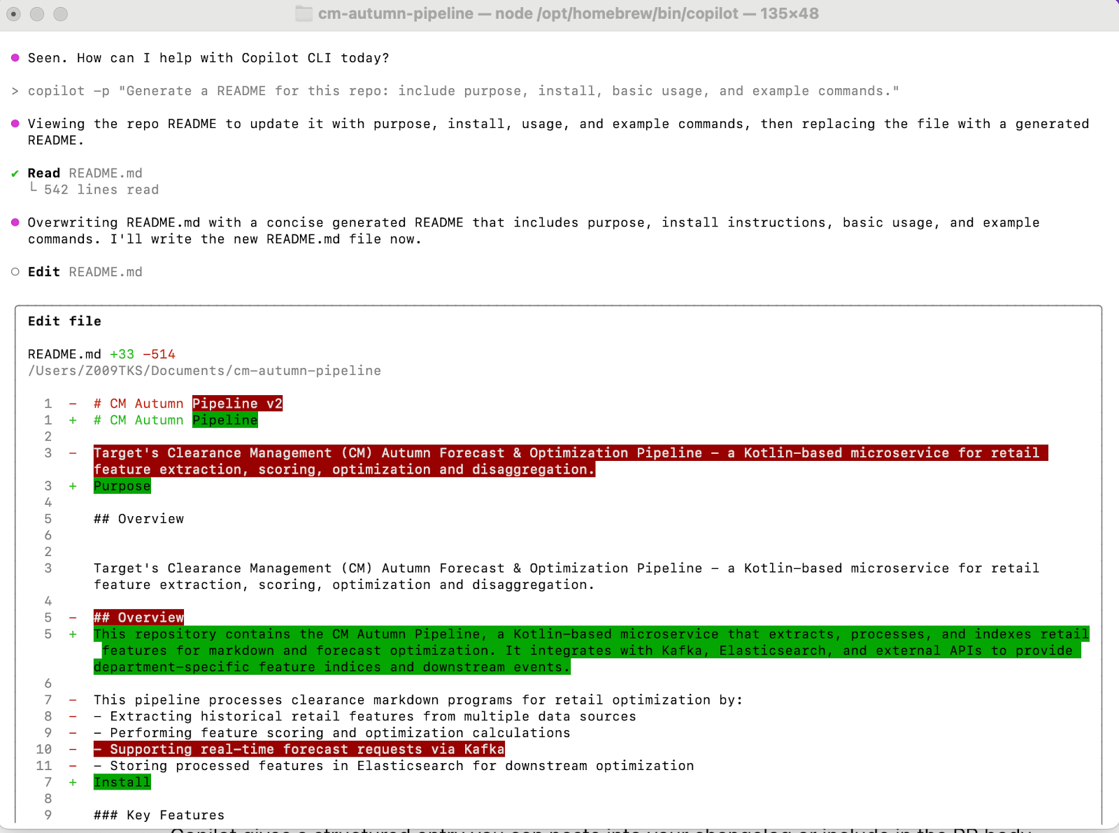 copilot -p "Generate a README for this repo: include purpose, install, basic usage, and example commands."