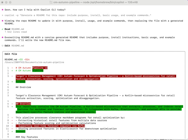 copilot -p "Generate a README for this repo: include purpose, install, basic usage, and example commands."