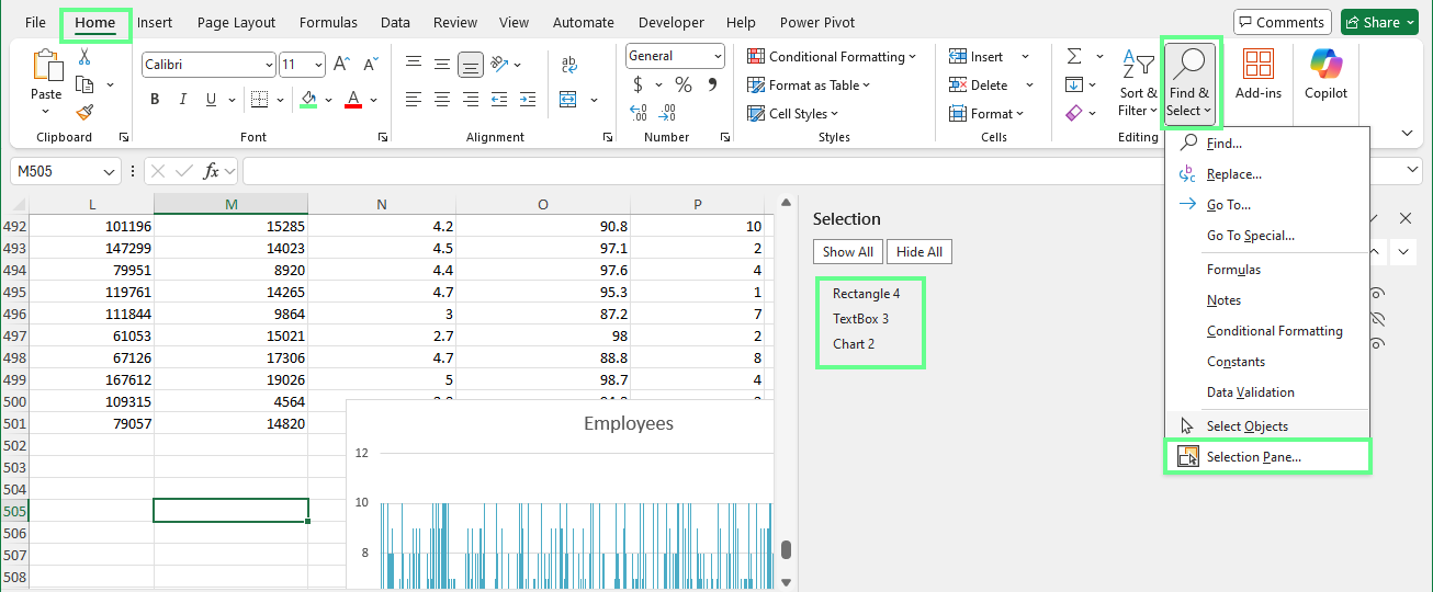 Check for the hidden object using the Selection pane in Excel