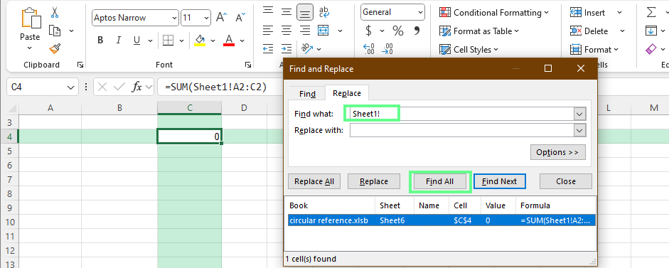 Find the connected sheets in a workbook using Find and Replace in Excel