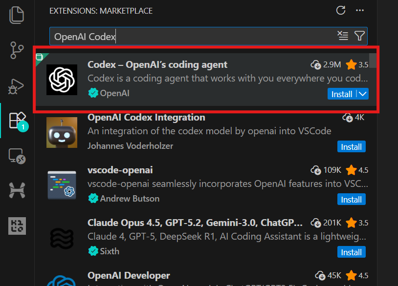 Searching for Codex in the VSCode Marketplace