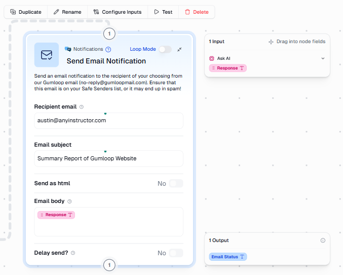 gumloop response in output