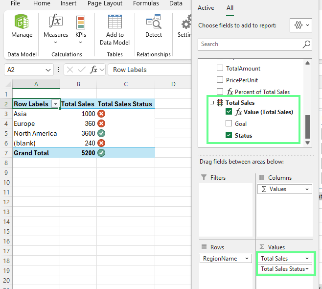 Display the KPI status in Excel sheet with PivotTable