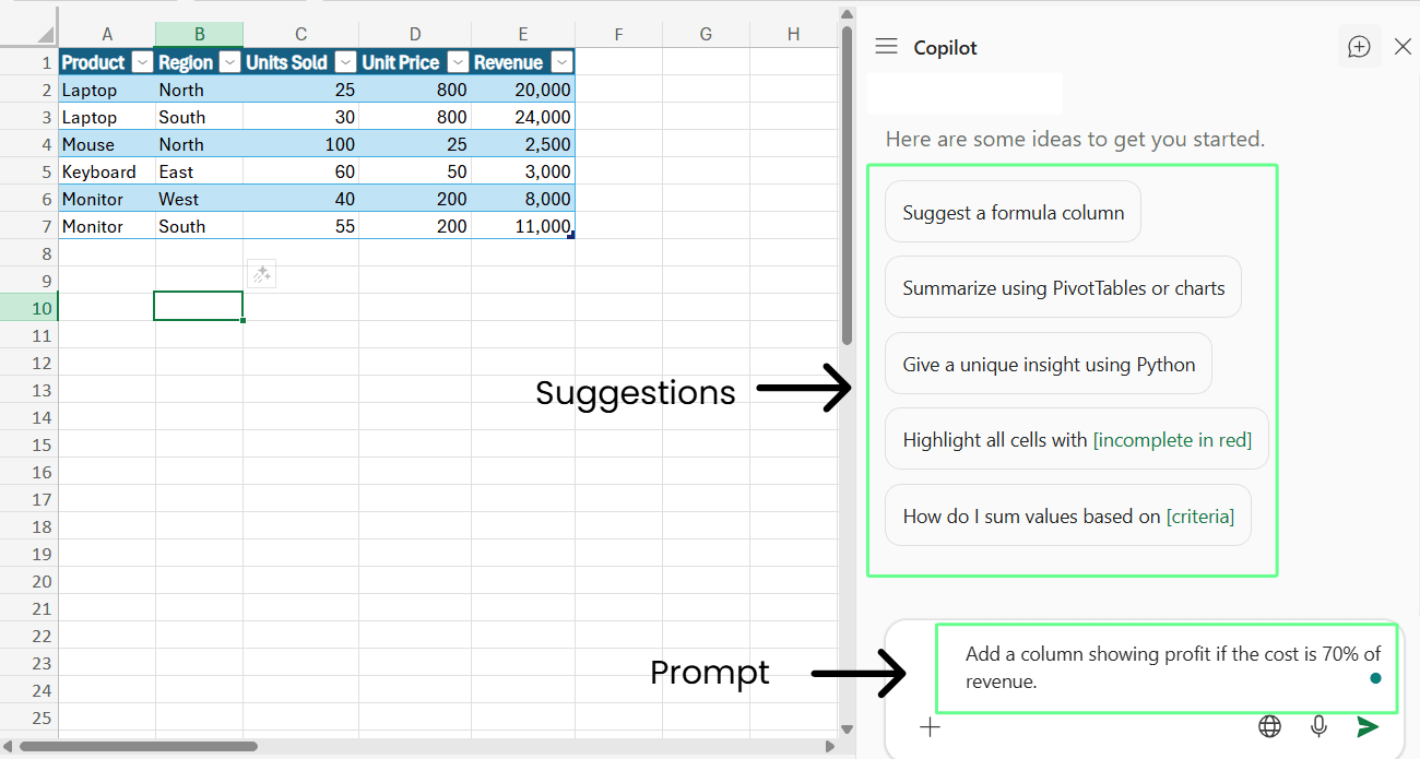 Calculate the profit using the prompts in Copilot in Excel.