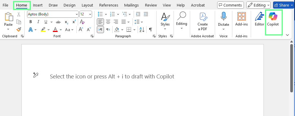 How to Find Copilot in Word on the top panel
