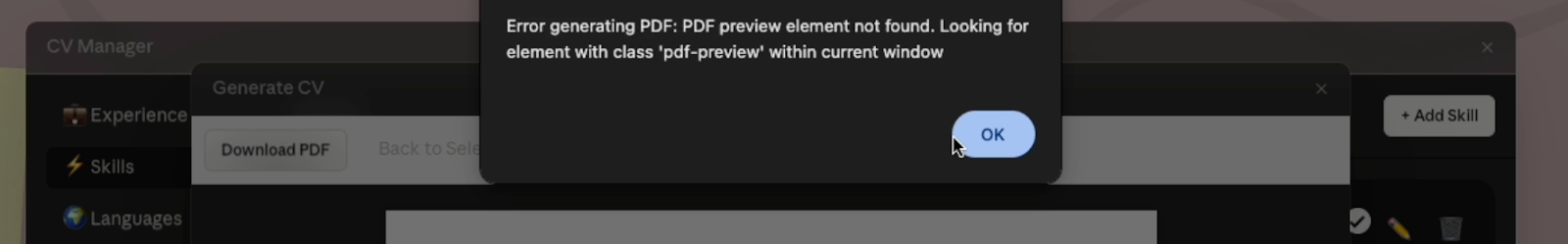 Screenshot showing an error when exporting the CV as a PDF.