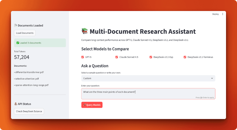 Multi-Document Research Assistant interface showing the sidebar with loaded documents (57,204 tokens), four model selection checkboxes for GPT-5, Claude Sonnet 4.5, DeepSeek v3.2-Exp, and DeepSeek v3.1-Terminus, and a question input area