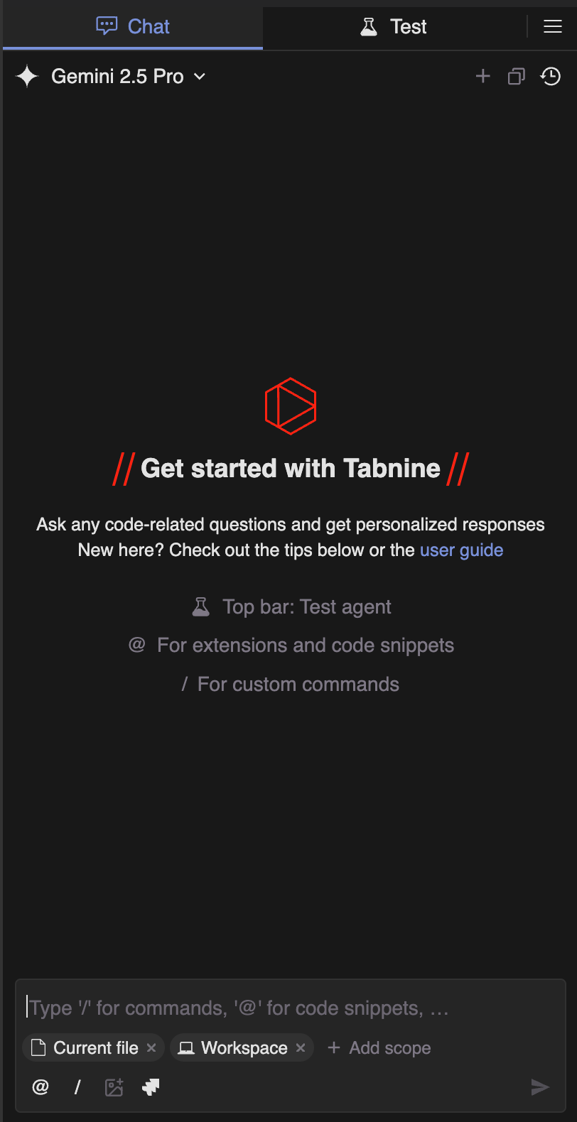 Interface Tabnine no Visual Studio Code mostrando opções de ajuda com código, extensões e trechos, com o Gemini 2.5 Pro selecionado no menu.
