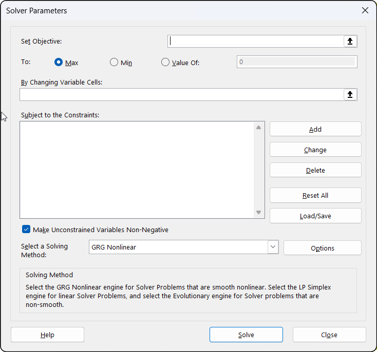 excel solver parameters dialog
